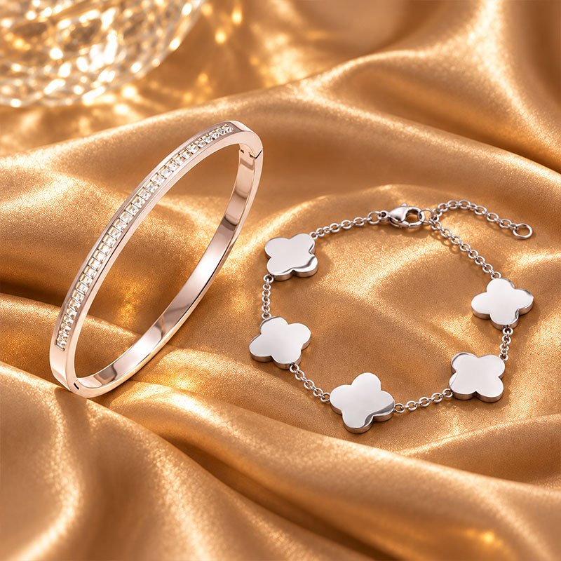 2pcs Women's Stainless Steel Jewellery Set with Floral Chain Bracelet & Bangle