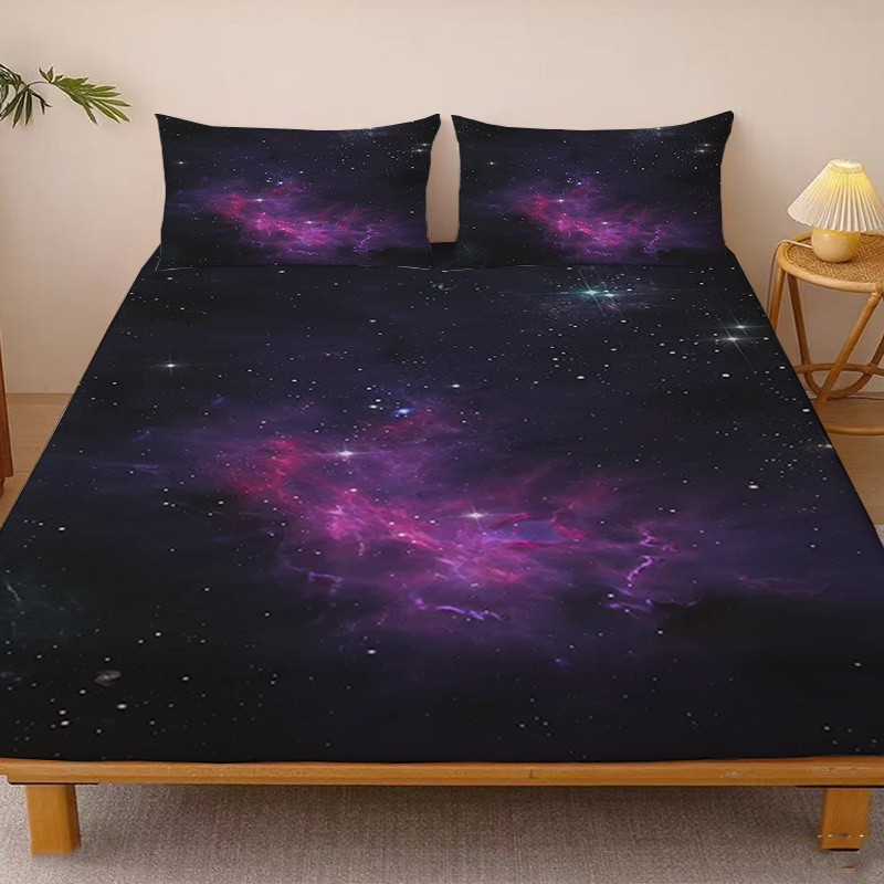TEMU 1pc Purple-red Nebula Bed Cover With A Star Pattern, A Deep Pocket Fitted Sheet Without Pillowcases, Made Of Soft Fabric For A , 360Â° Full Wrap