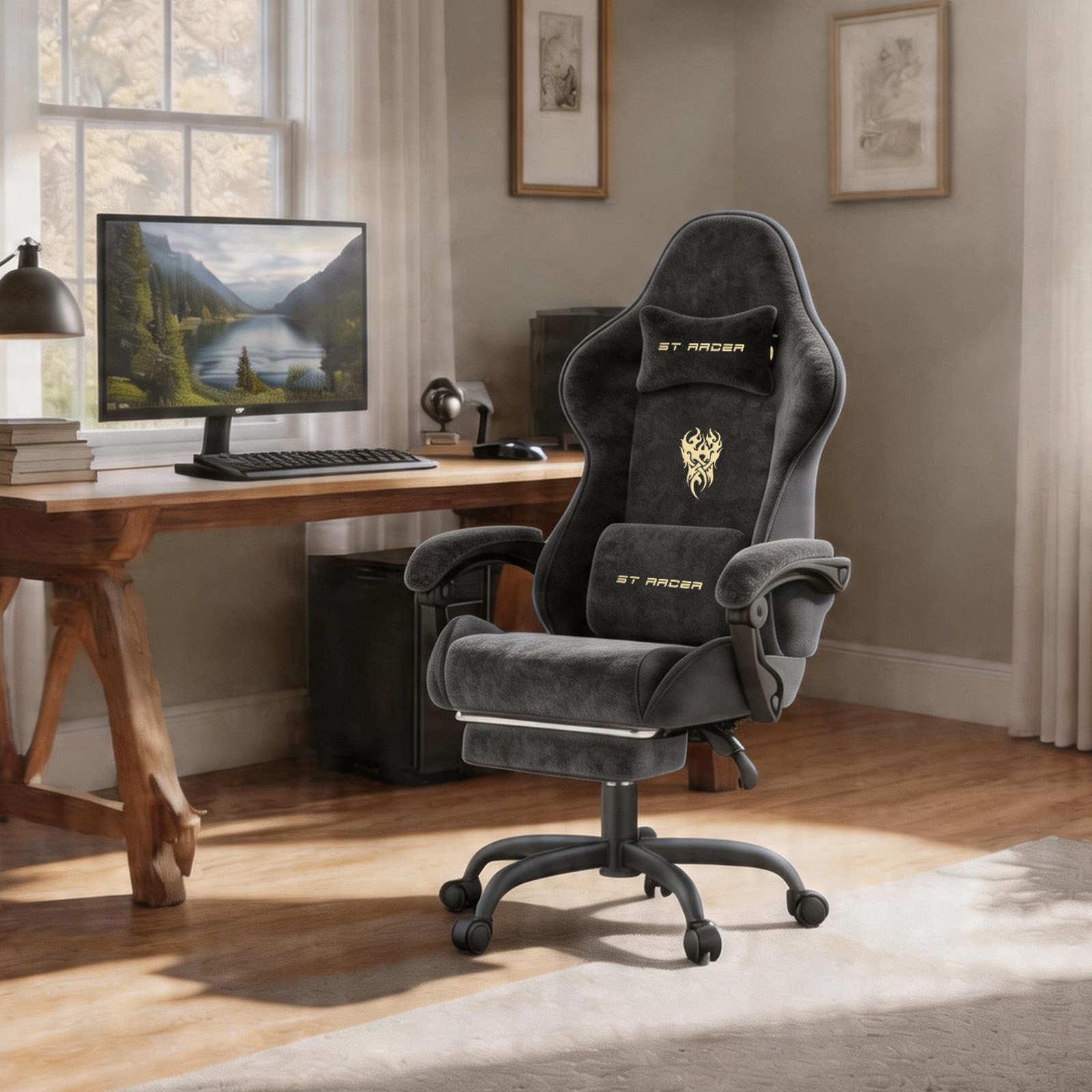 Image of Gaming Chair Velvet Fabric, Reclining Office Computer Chair, High Back Ergonomic Gamer Chair With Footrest And Lumbar Support Comfortable Video Game Chair For Adults