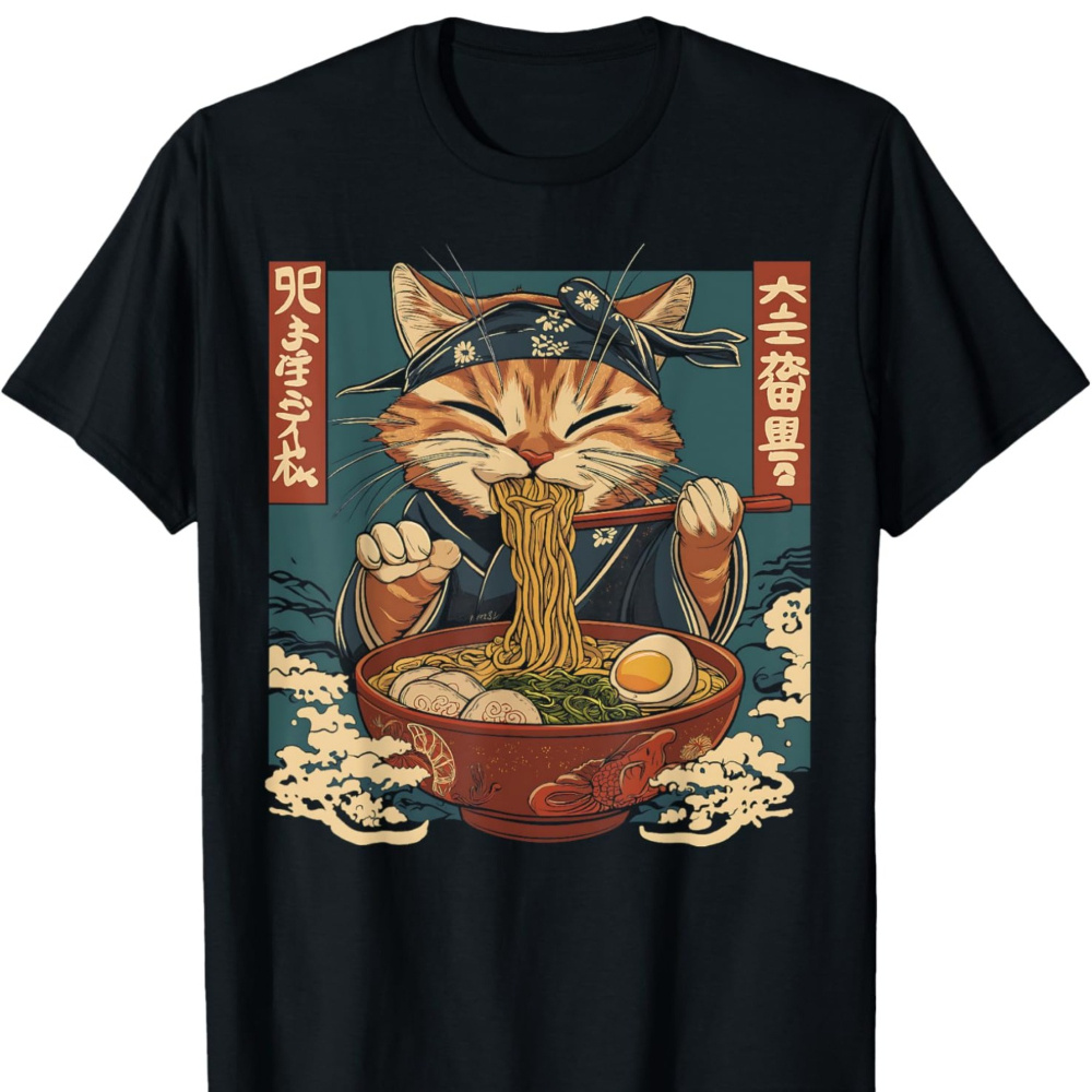 

Japanese Cat Funny Cat Eating Ramen Noodles T-shirt Men' Trend Cotton Round Neck Casual Letter Printed Short Sleeve Men T-shirt 180g