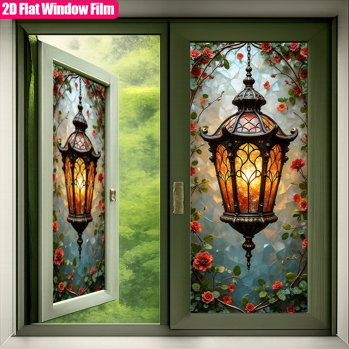 TEMU 2d Flat - 2d Flat - 1pc Of 2d Flat Frosted Static Cling Pvc Window Film Featuring A Happy New Year Ornate Hanging Lantern Surrounded By Roses,
