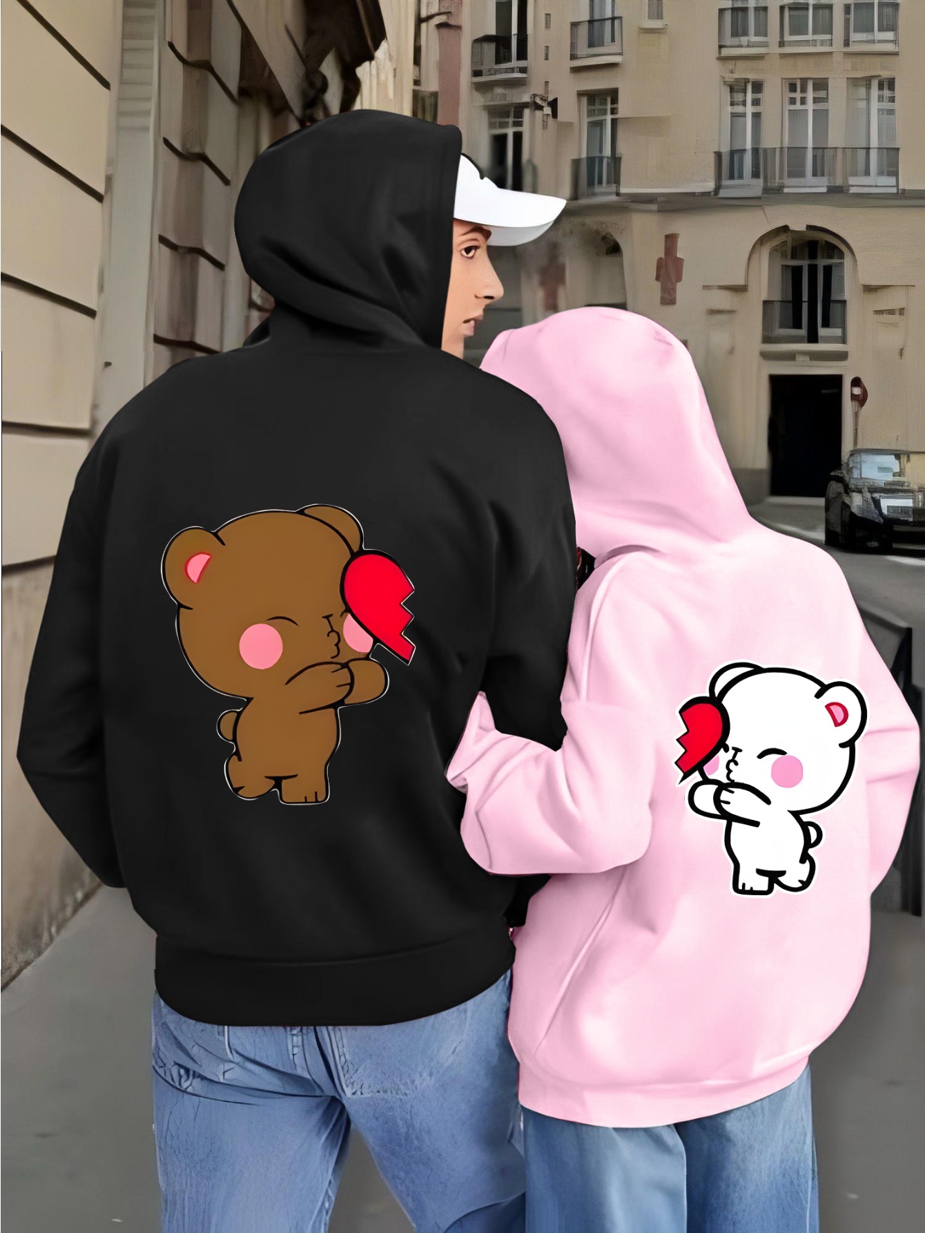 Matching Couple Hoodies with Cartoon Bear Heart Print 100% Polyester  250gsm Zip-Up Sweatshirt Jackets, Front Pockets, Machine Washable Fall  Winter