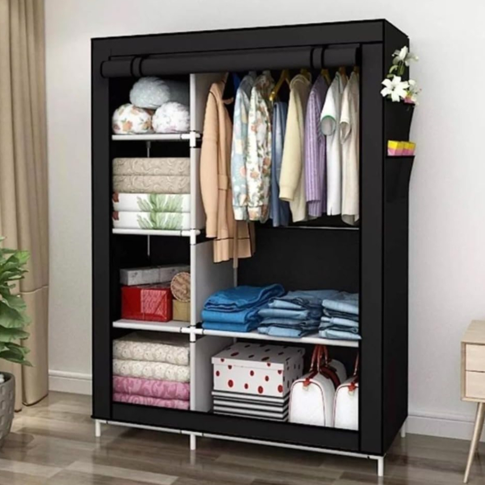 Portable Wardrobe Clothes Organizer With 6 Storage Shelves, 2 Hanging Sections, And 4 Side Pockets, Equipped With Dust-proof Door Curtains, Portable Closets