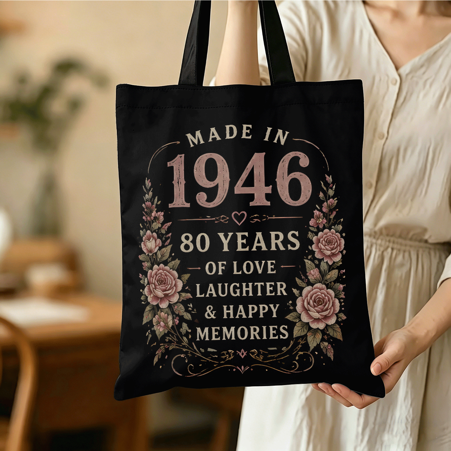 TEMU Made In 1946 80th Birthday Gift For Grandma Floral Vintage Tote Bag- Women's Handbag Suitable For Daily Shopping, Students, Travel, And Leisure