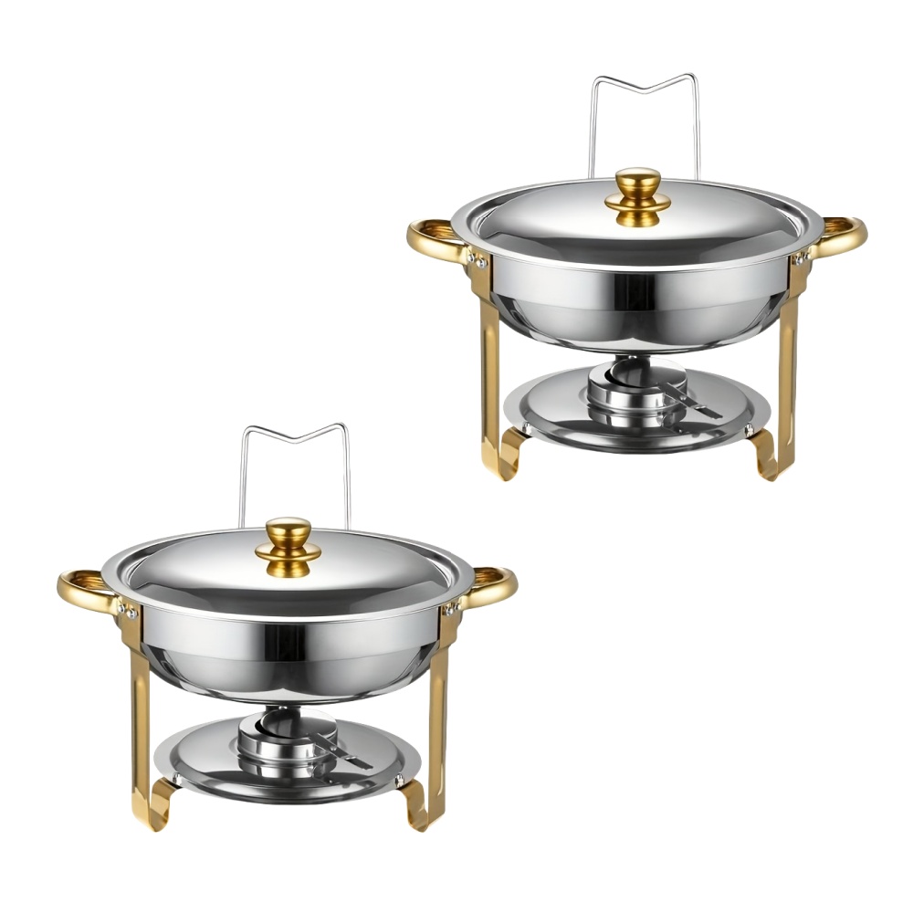 E-shop 2 Stück 5QT Edelstahl Runde Buffet Warmhalteplatte Halbvergoldet mit Deckel Set für Hotel Catering Kochen Nur zum Kochen, Nur zum Kochen