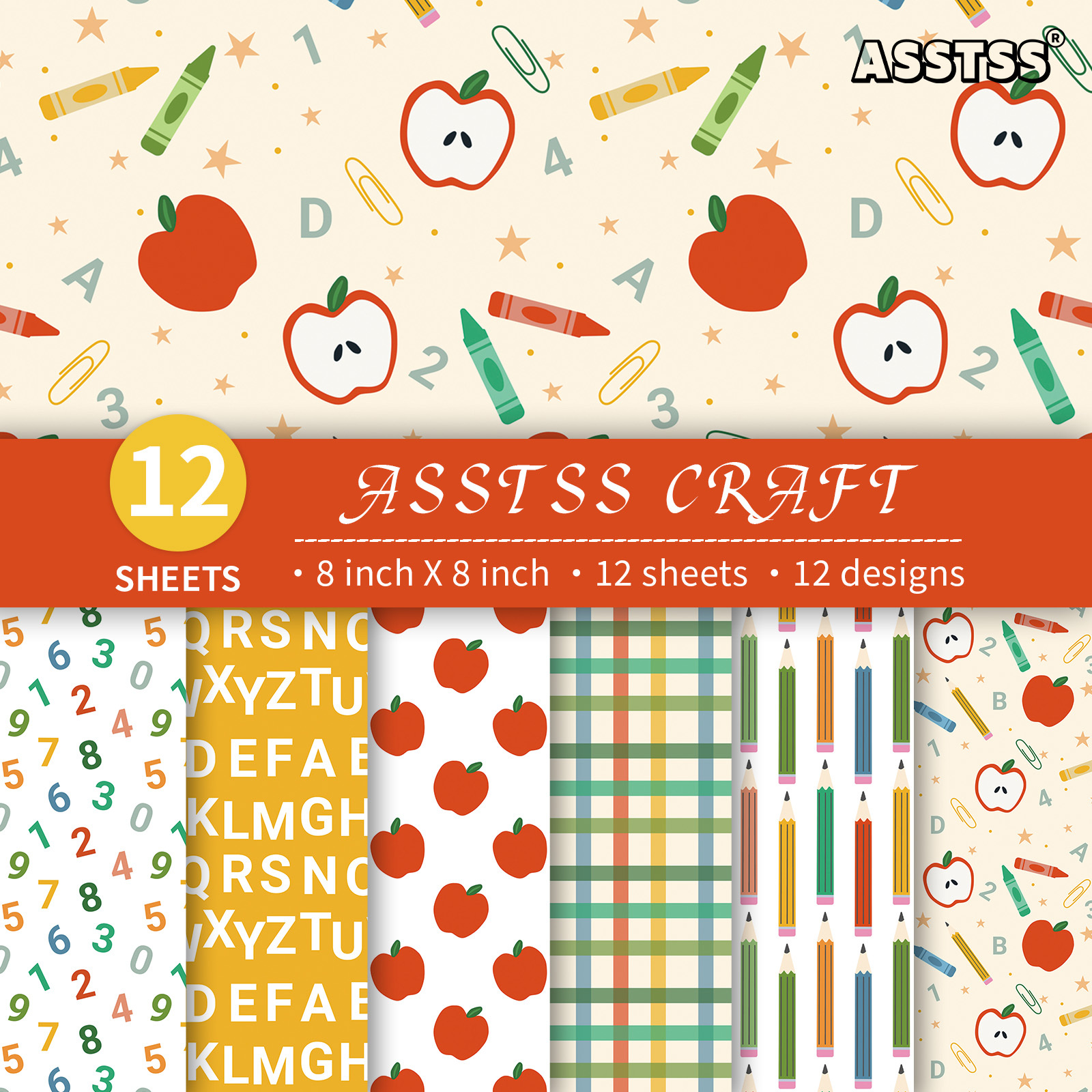 TEMU Bloc de papier scrapbooking ASSTSS de 12 feuilles 8*8 pouces, style frais et énergique pour la rentrée scolaire, fond de classe, fournitures de