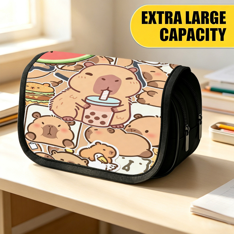 TEMU Trousse à crayons double couche grande taille, Pochette à crayons imprimée et avec motif de fête de bubble tea Capybara, Sac de rangement