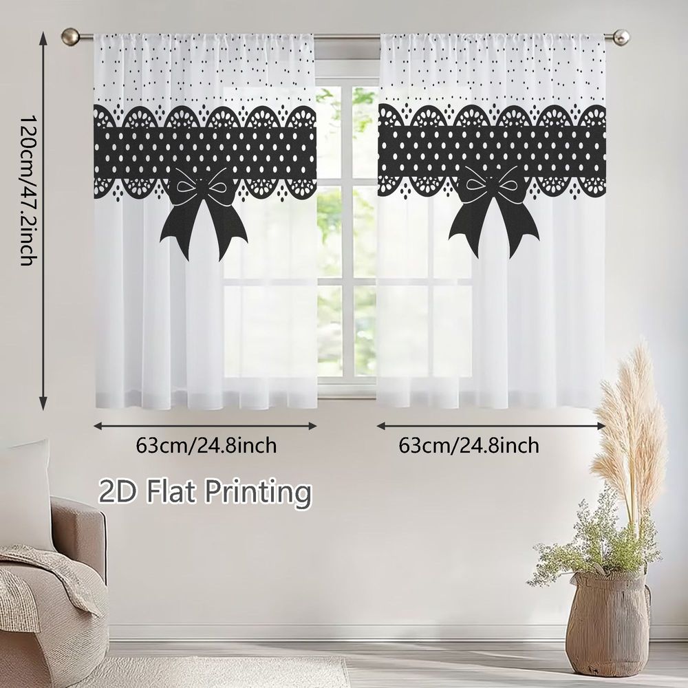 TEMU Plat 2D, 2 pièces de rideaux voilages printemps-été, motif avec bordure en dentelle festonnée et grand nœud, parfaits pour salons, à manger,