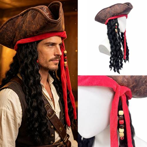 conjunto de peluca de disfraz de pirata vintage para con sombrero vintage desgastado, , cuentas y peluca larga de negras y rizadas. para fiestas de halloween, en , atuendos festivos y accesorios de disfraces