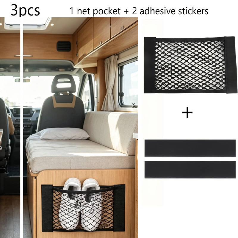 TEMU Rv Upgrade 3pcs Elastic Mesh Storage Bag Set - Adhesive Wall-mountable Mesh Organizer For Tickets And Mail, Ideal For Cabinet Doors, Car Trunks,