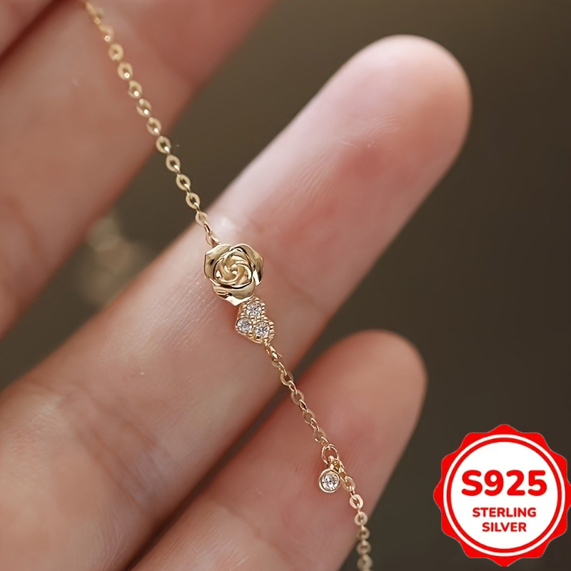 TEMU Bracelet en argent S925 style minimaliste, de rose , élégant et , couleur unie, fait main, cadeau haut de gamme pour femme - Idéal pour la