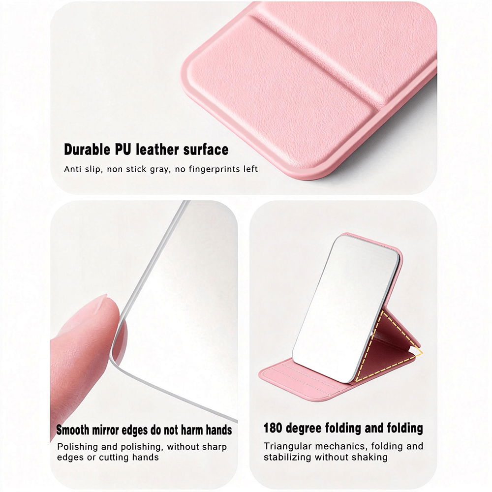 Foldable Mini HD Mirror with Adjustable PU Stand, Compact Makeup Mirror