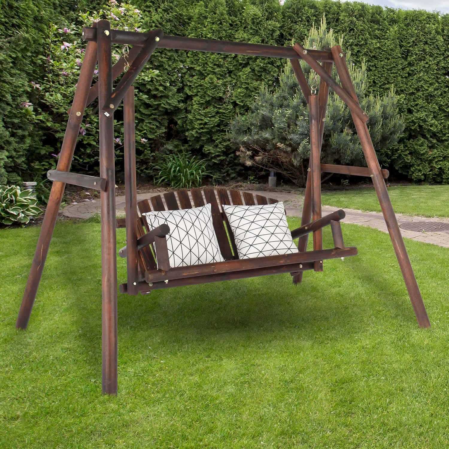 [Heavy Duty Swing] Bonnlo Heavy Duty 880 LBS Wooden Patio Porch Swing with A-Frame Stand, Hanging Swing Bench Chair with Frame for Outside, Yard, Garden (Rustic Sequoia Dusk/Natural)
