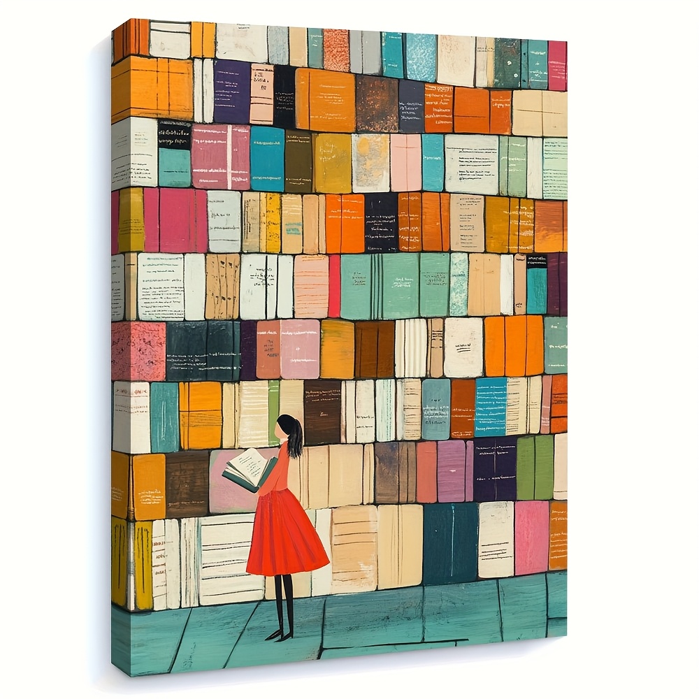 TEMU 2d Flat, 1pc 1pcs Bookstore Wall Art Suitable For & Office Decor - Wrapped Canvas Framed Young Girl Reading Illustration, Vibrant Abstract Book