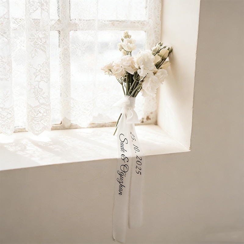 Image of 1pc Personalized Bouquet Ribbon, Customizable Chiffon Bridal Bouquet Ribbon, Optional Name And Date, Perfect Prop For Bridesmaid Parties/wedding Photography, Custom Bow And Ribbon Halloween