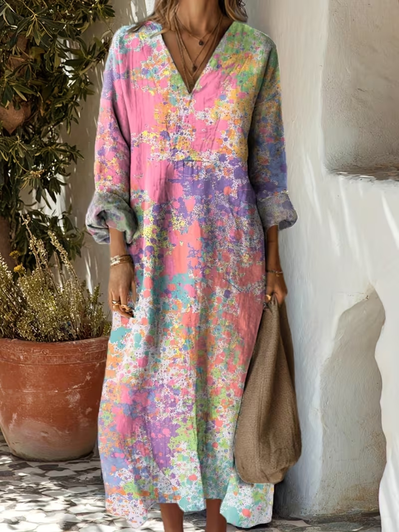 Plus Size, Plus-Size Women's Tropical Print Maxi Dress/Beach Dress - Soft  Breathable V-Neck Long-Sleeve Dress with Loose -* & Flowy Hem, for  Spring/Autumn/Winter Casual Wear, for Home, Travel, ...
