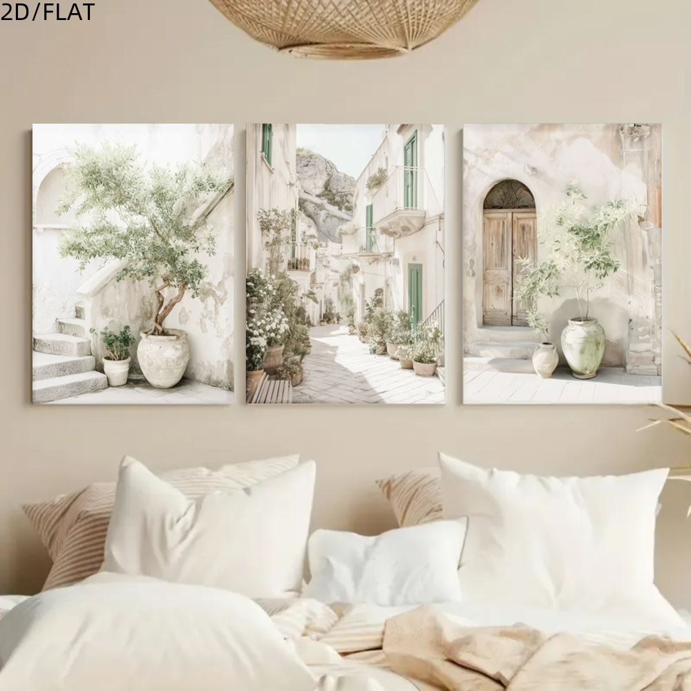 TEMU 2d Flat, 2d/flat Minimalist And Artistic Mediterranean Courtyard With Stone Walls And Narrow , Framed In Wood, Ready To Hang For Bedroom Or