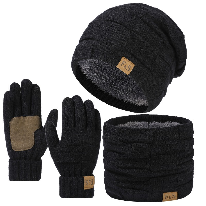 TEMU 3pcs Set Autumn Winter Warm Hat Scarf Gloves Three-piece Set Thickened Spliced Gloves Cold-proof Knitted Hat