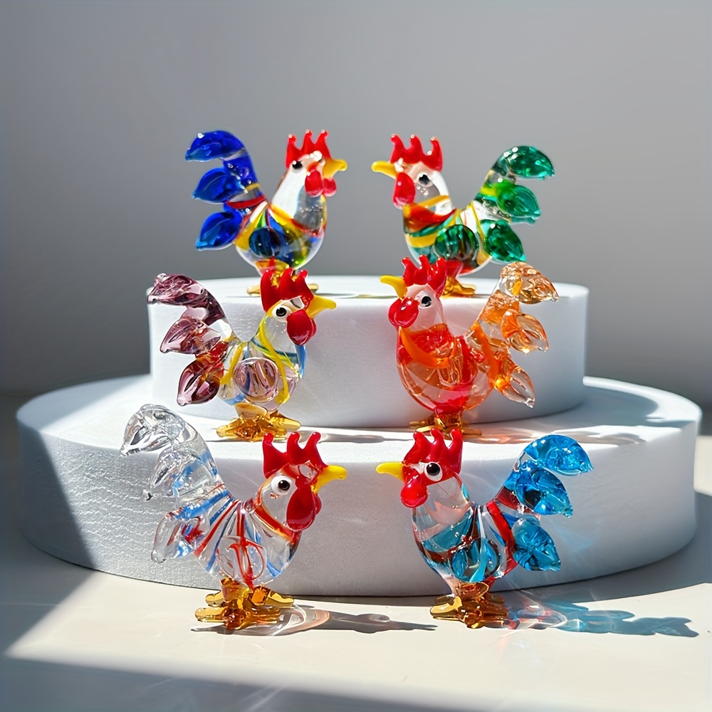TEMU 6pcs Set Of Colored Creative And Elegant Handmade Crystal Glass Rooster Figurines, Perfect For Outdoor Courtyard Bonsai Displays, Courtyard