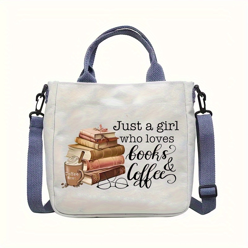 E-shop Leichte Bücher- und Kaffee-Tragetasche für Damen – Bibliotheks-Tasche mit verstellbarem Riemen & Magnetverschluss, Buchliebhaber-Design –