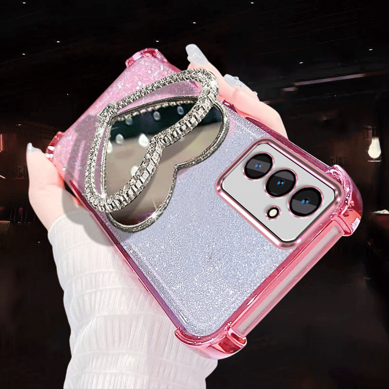 TEMU Phone Case - Phone Case Suitable For A17, Foldable Heart-shaped Mirror, Makeup Mirror Holder, Lazy Person Holder, Luxurious Gradient Glitter