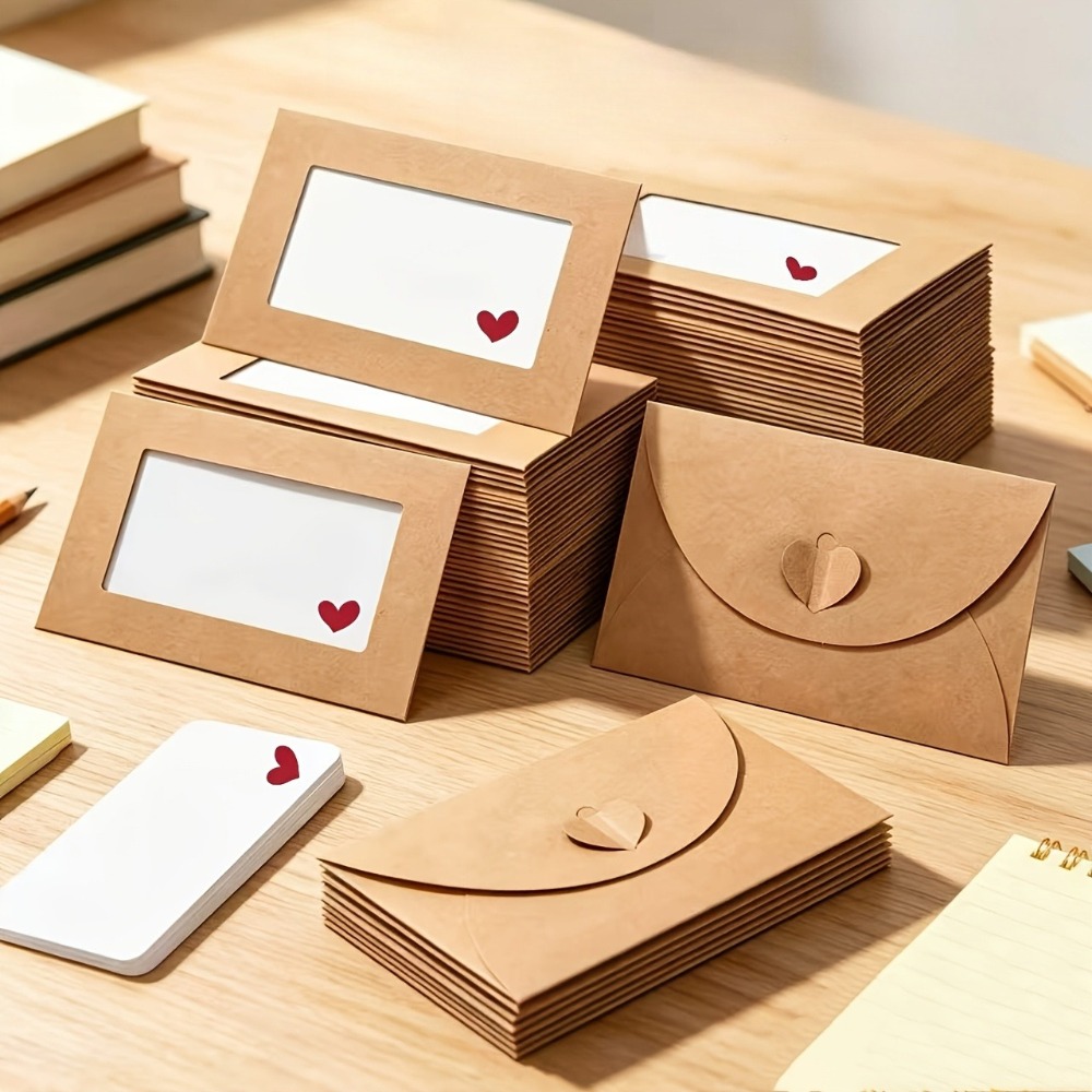 TEMU Ensemble de 60 enveloppes pour cartes de vœux, 20 enveloppes transparentes à fenêtre avec fermeture cœur vintage et 40 cartes imprimées cœur
