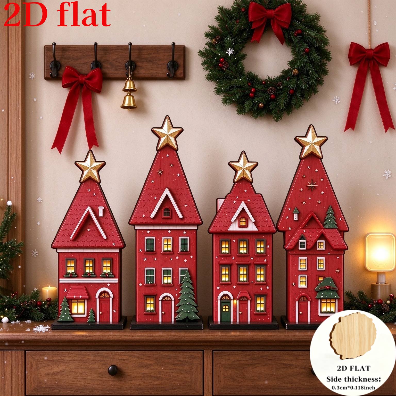 TEMU Juego de 4 en miniatura de madera 2D con navideño. una de de de forma única un tono combinado con dorada de puntas en la parte superior.