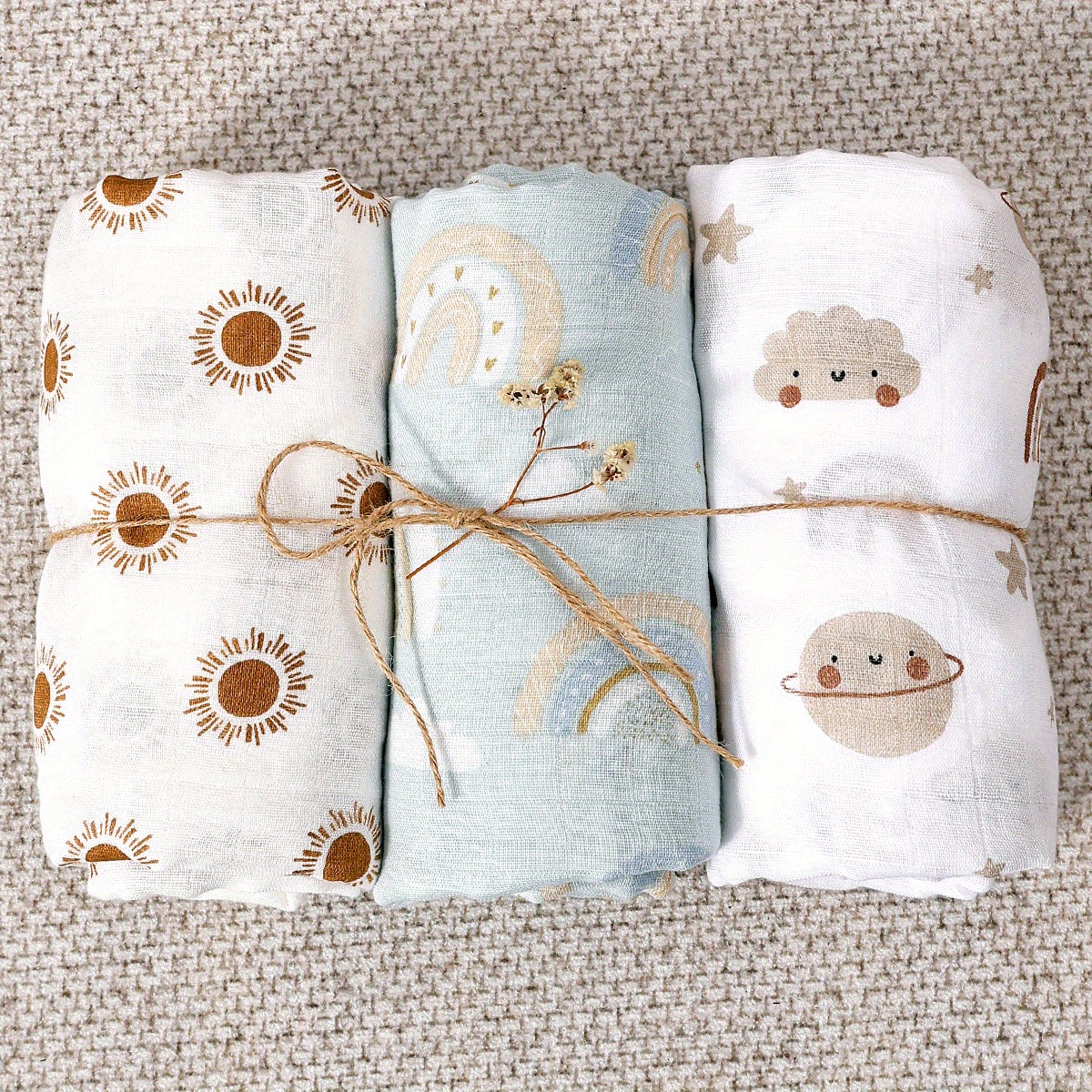 3pcs Sun Rainbow Pattern Soft Receiving Blanket Muslin Baby Blankets