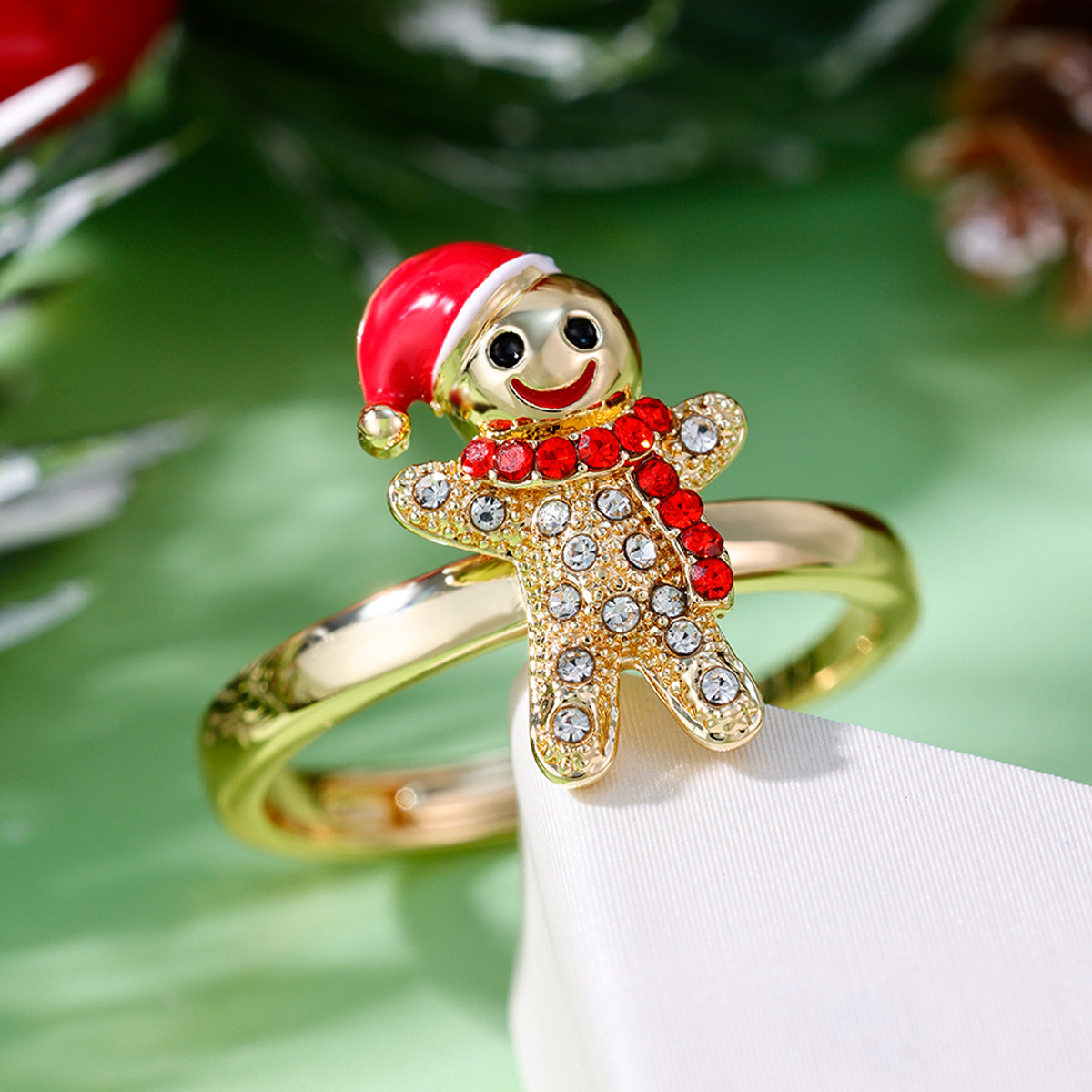 Copper Inlaid Zirconia Gingerbread Man Open Ring, Festive Gift
