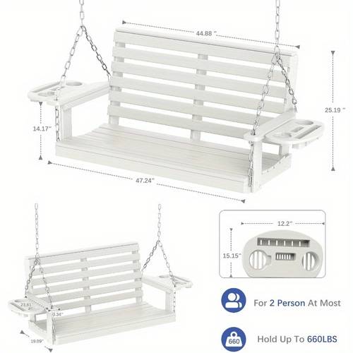porch swing 4 ft patio swing with cup holders adjustable hanging chains hdpe outdoor swing for patio porch garden yard heavy duty 660 lbs weight capacity white
