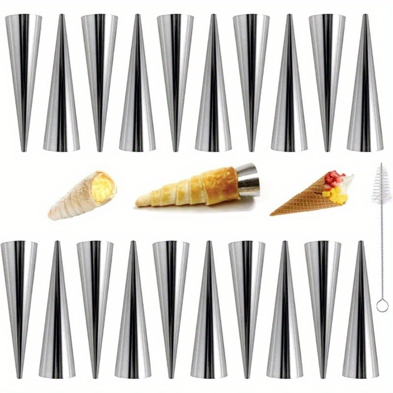Image of 20pcs Large Conical Cream Horn Molds, Cream Horn Molds Stainless Steel, 5 Inch Large Size Cannoli Tubes Kit Pack Of Baking Cones Pastry Roll Horn Croissant Mold With Brush