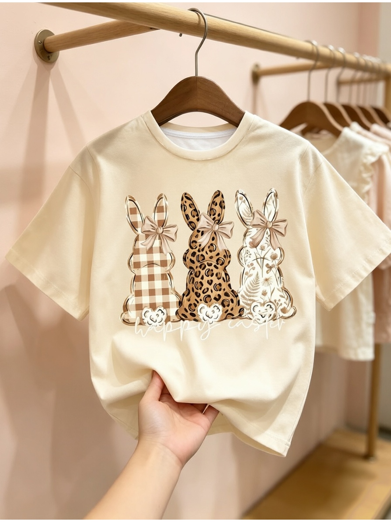 アイテム画像 ガールズ   ちょう結び ヒョウ柄 格子柄 花柄 うさぎ柄プリント 半袖tシャツ シンプルな英字プリント柄 夏用 クルーネック 半袖 カジュアルスポーツtシャツ 夏のアウトドア・通勤用