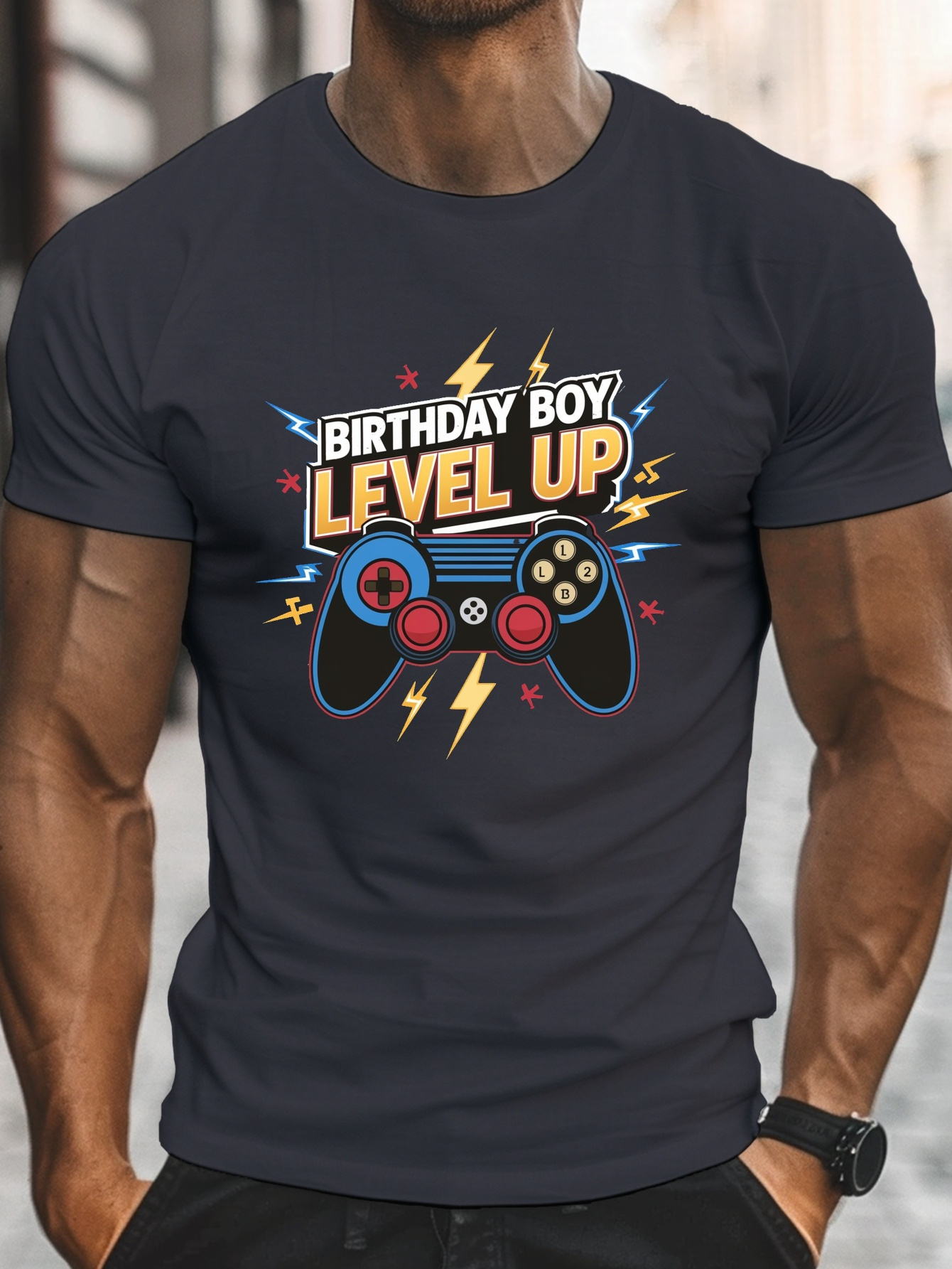 men's gaming birthday boy level print t shirt casual crew Temu