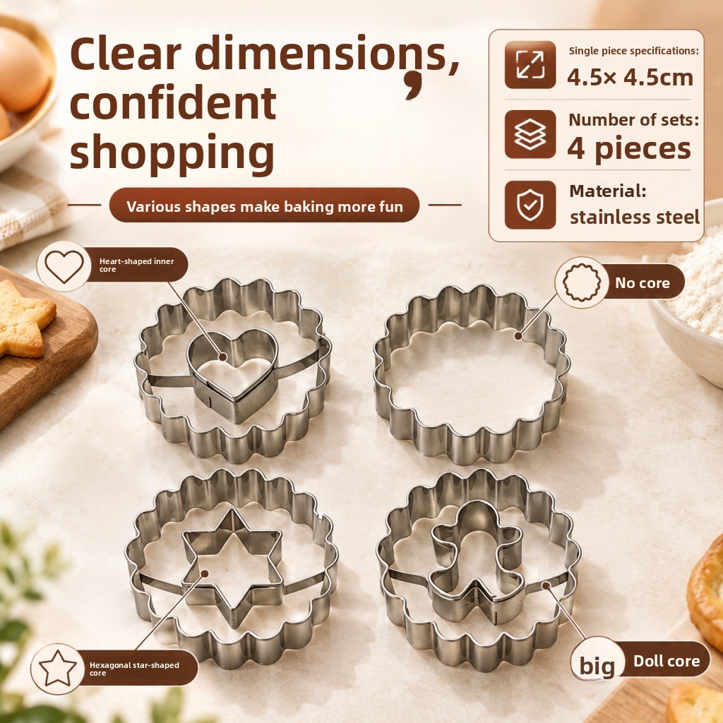 TEMU 4pcs 4.5cm Stainless Steel Sandwich Cookie Cutters, Wavy Lace Round Molds With Heart, Star And Gingerbread Man Inner Shapes, Molds For Jam