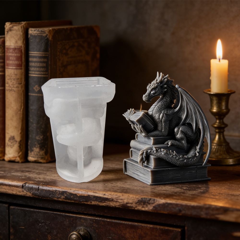 TEMU 3d Book Dragon Candle Silicone Mold, Intricate Dragon - Reading - Book Pattern Candle Mold For Diy Candle Making, Soap Crafting, Resin Projects,