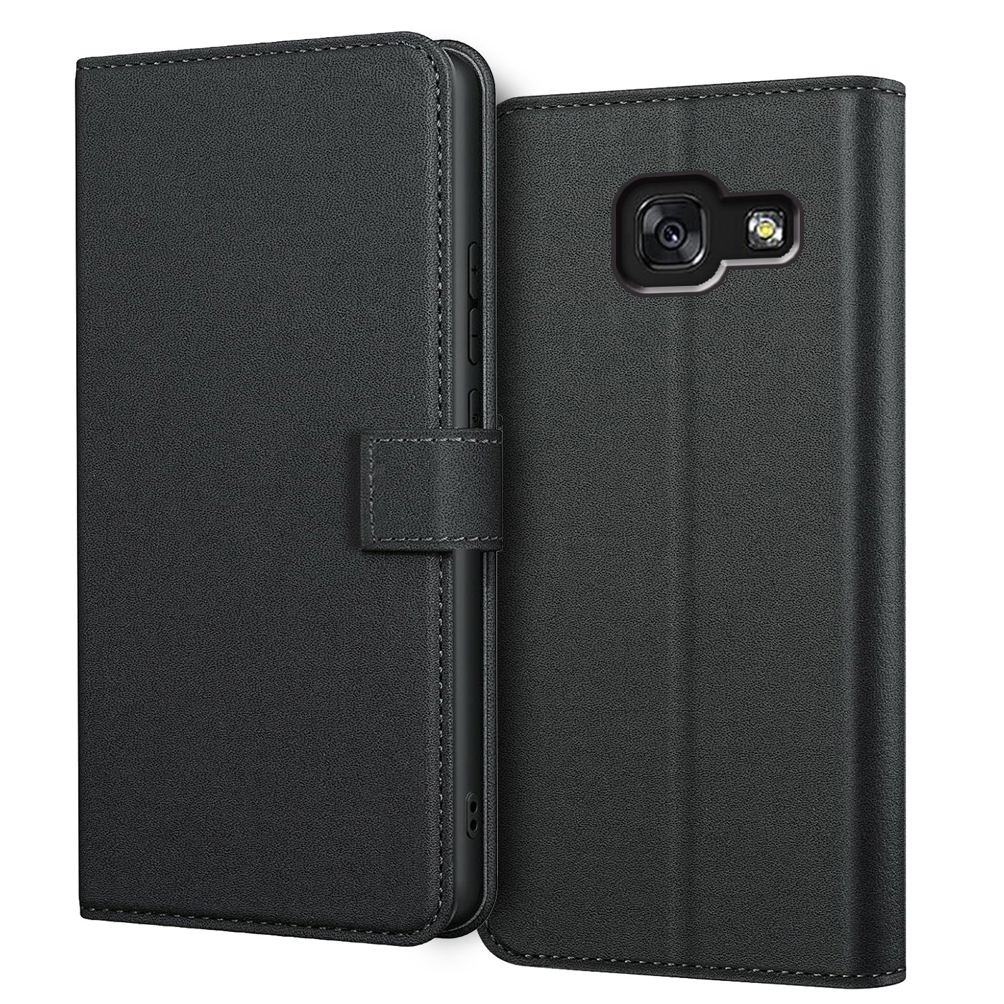 TEMU Coque de téléphone - pour Samsung Galaxy A5 (2017) avec support, en similicuir noir, fente pour carte, portefeuille noir, , protection,