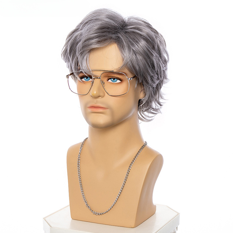 fashionable european and american mens short curly silvery gray synthetic high temperature silk wig cap with a side part details 2