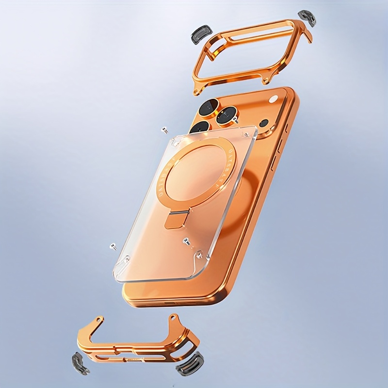 phone case casual transparent phone case for iphone 17 pro and 17 pro max with 360 rotate aluminum alloy stand ultra thin frameless design with anti drop protection   in   golden and orange Product details 2