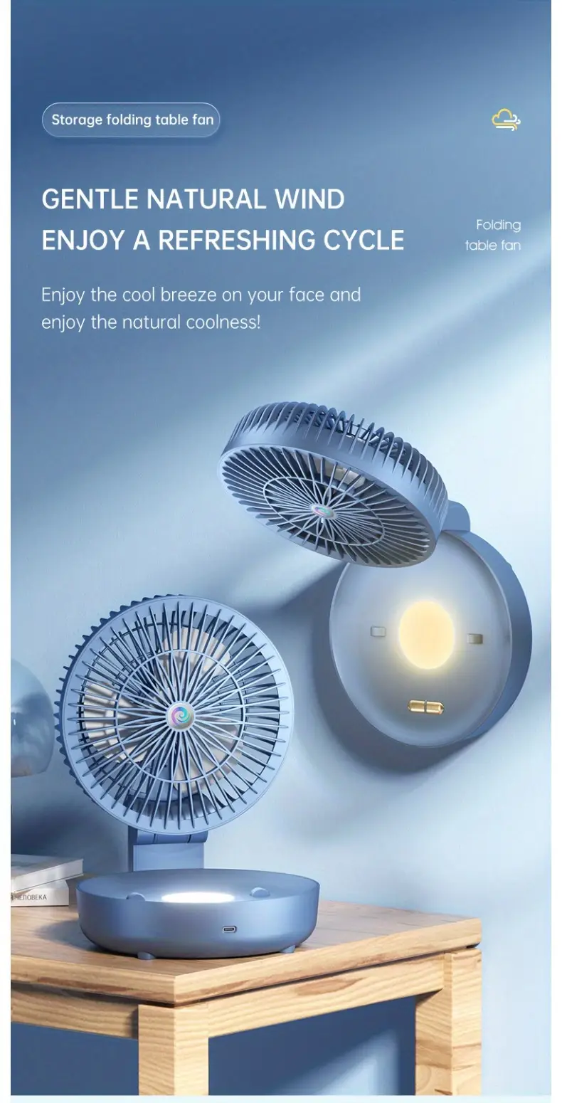 usb rechargeable desk fan with night light wall mountable quiet 1200mah lithium battery ideal for makeup office outdoor multi scene use portable fan details 0