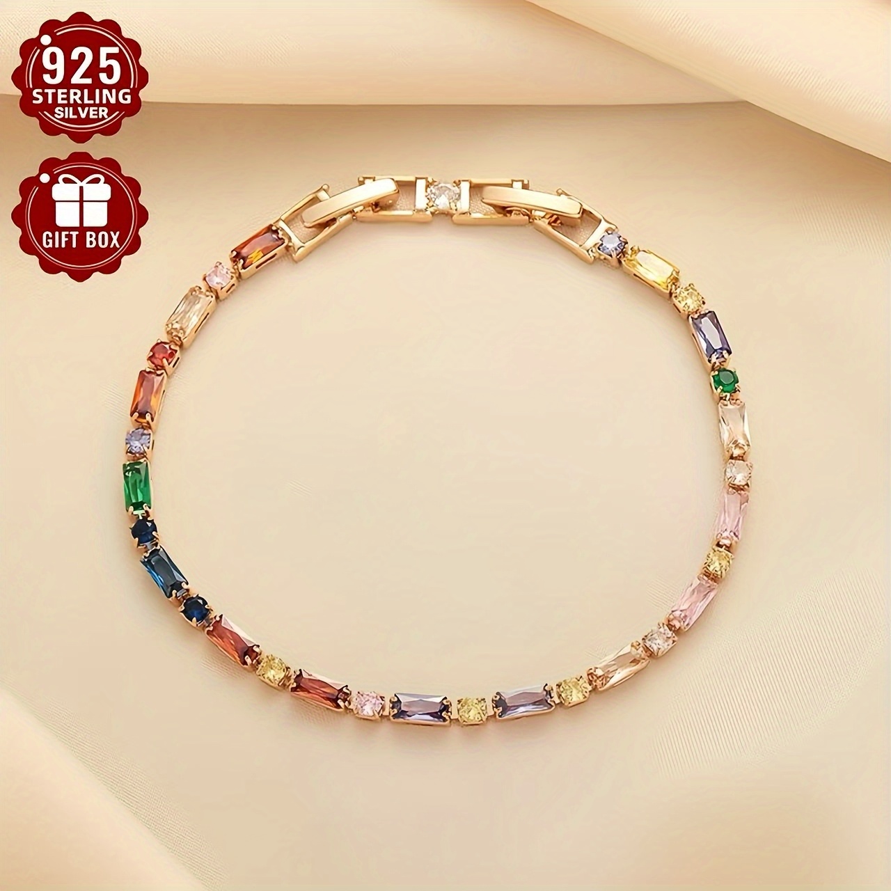 TEMU 1pc Colorful Contrast 5a Zirconia Bracelet S925 Silver Women's Design High-end Ins Fashion Versatile Bangle Jewelry