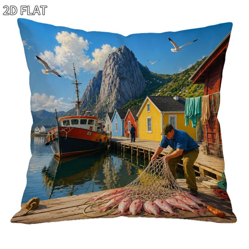 TEMU Housse de coussin Village de Pêcheurs Côtière, 1pc, 18X18 pouces, avec Bateau de Pêche, Maisons Colorées & Goélands, Taie d'oreiller Décorative