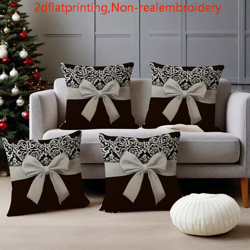 E-shop 4er-Set Kissenbezüge im Vintage-Stil mit Schleifen-Element, 2D-Flachdruck, Kissenbezüge mit Schleifenmuster-Druck, 2D-einseitiger Druck, keine