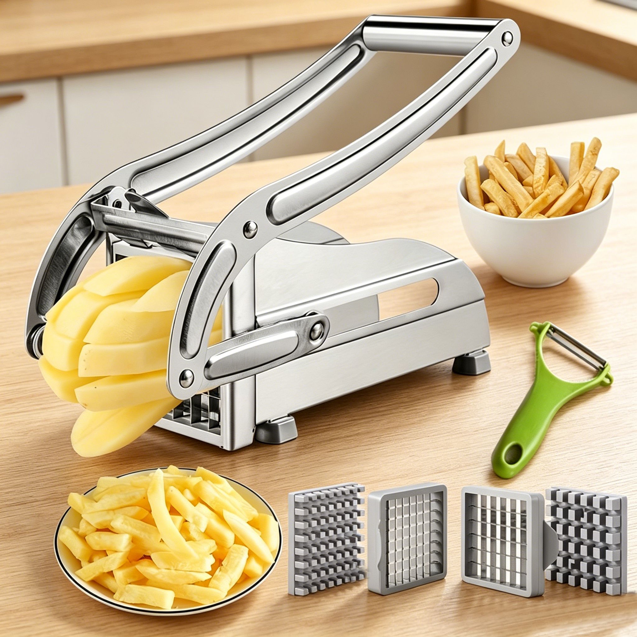 TEMU Stainless Steel Vegetable French Fry Cutter, A Kitchen Gadget For Cutting Fruits And Vegetables With A High-quality Peeling Attachment, A