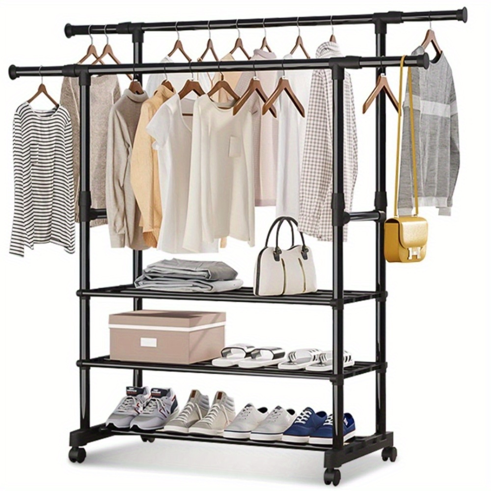 TEMU Heavy-duty 3-tier Rolling Clothes Rack With Design & Mobile Pulley System - Sturdy Metal Frame Wardrobe Organizer With Shelves & Hanging Rods,