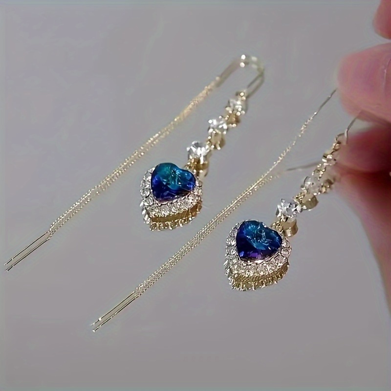 TEMU A Set Of Elegant Heart-shaped Blue Artificial Crystal Tassel Earrings With Shiny Decorations, Perfect For To Wear . Suitable For