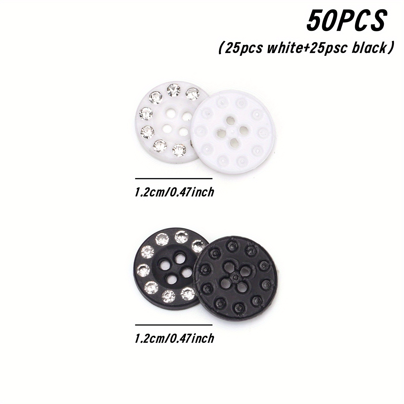 TEMU 50pcs Boutons Scintillants Effet Strass - Boucles à Quatre Oeillets avec Trou Central, Noirs et Blancs Brillants pour Vêtements, Vestes, DIY,