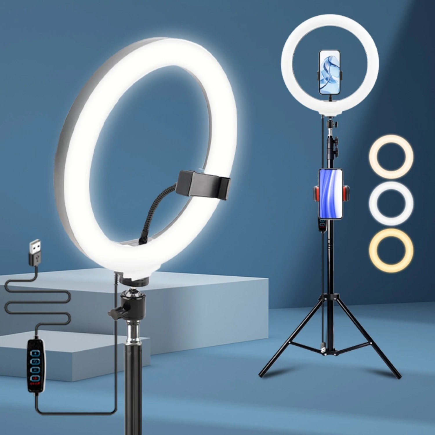 TEMU UEGOGO Support de Bande Lumineuse Ronde de 10 pouces et Support Téléphone - Trépied de 63 pouces Compatible avec iPhone, Lumière Ronde LED