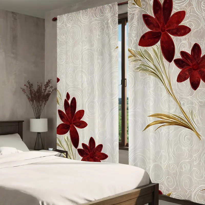 

2pcs Set: Chic Red Floral Print Curtains - Semi Transparent, For Living Room, Bedroom, Office Decor
