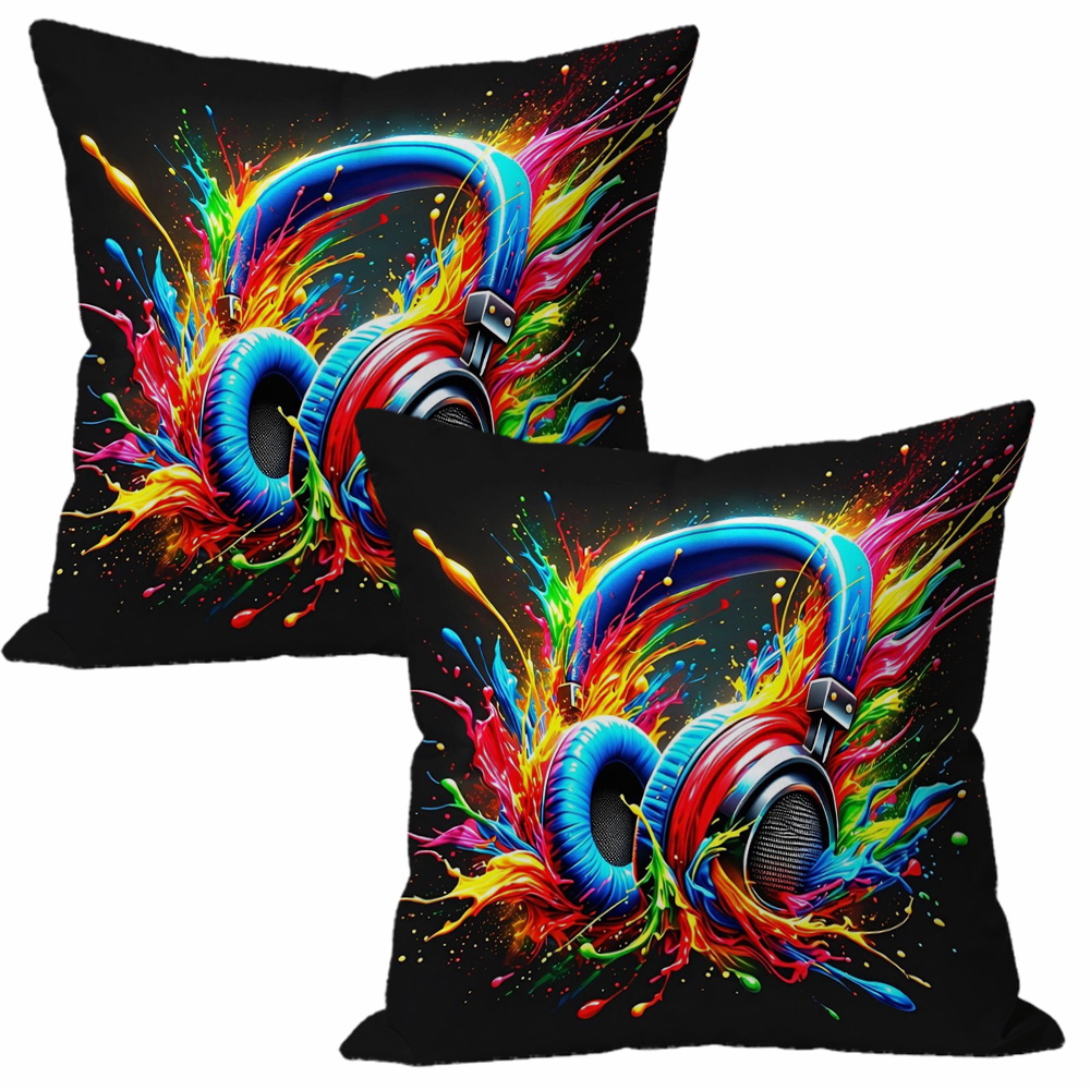 TEMU 2pcs Set Of 2d Single-sided Printed Colorful Ink Splash Headphone-themed Pillowcases, Colorful Fluid Headphone Print, Style, Multiple Sizes ,