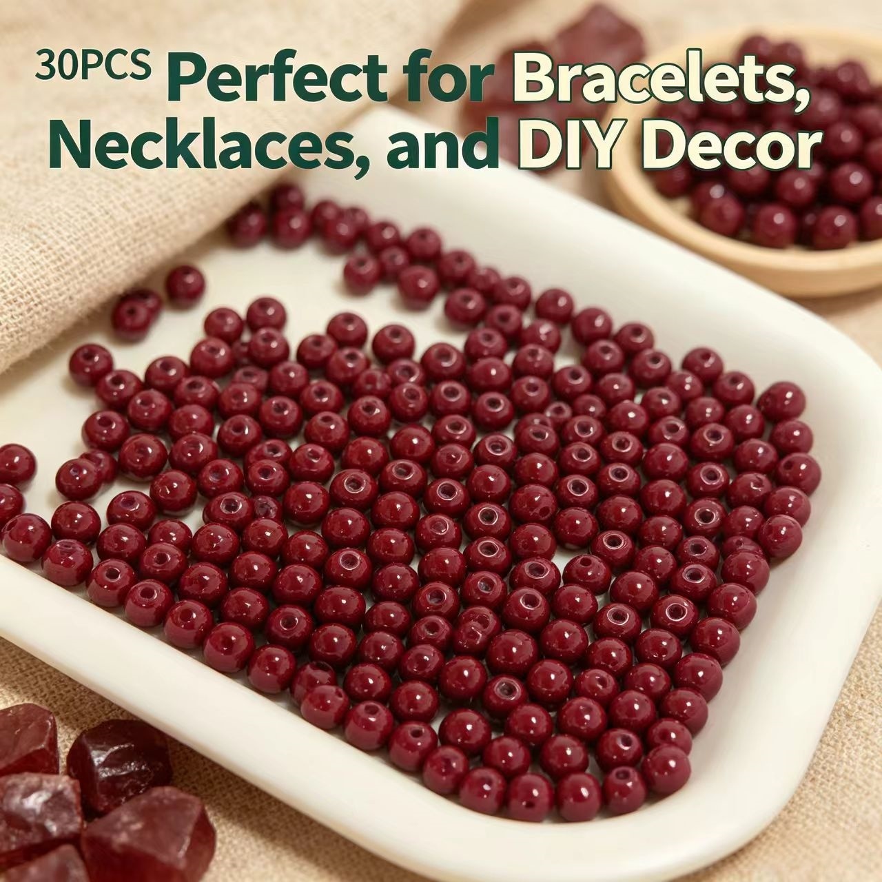 TEMU 30pcs Burgundy Round Beads High Content Transparent Full Hole Round Beads Bracelet Necklace Hand Chain Handmade Bead Jewelry Additions